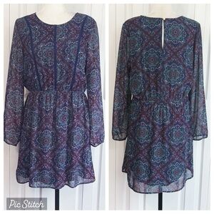 DR2 by Daniel Rainn Navy Multi Boho Print Sheer Overlay Mini Dress Large